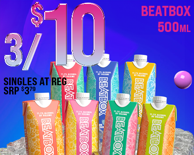 BEATBOX 500ML 3 for $10 singles at reg srp $3.79 +tax +crv (if applicable) 